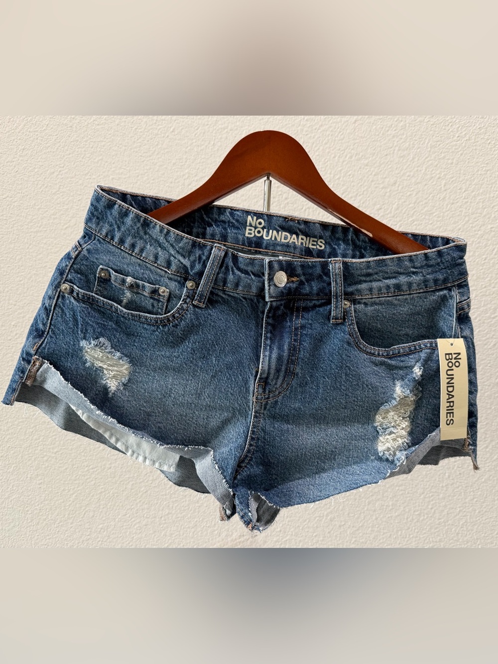 No Boundaries Women's Distressed Dark Blue Denim Shorts
